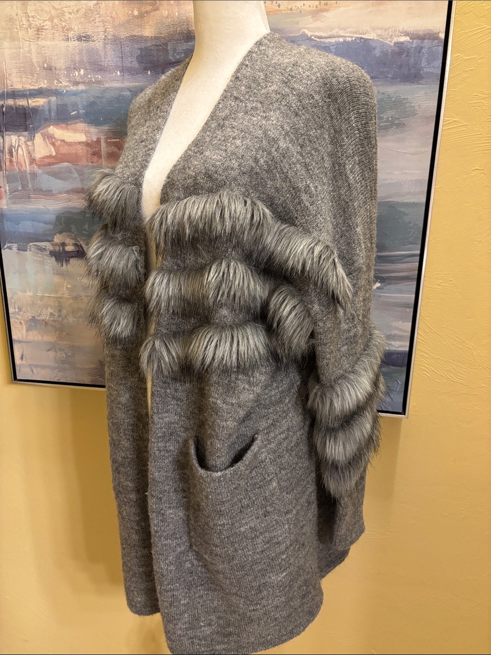 Sioni Gray Faux-Fur Trim Open-Front Sweater Cardigan
